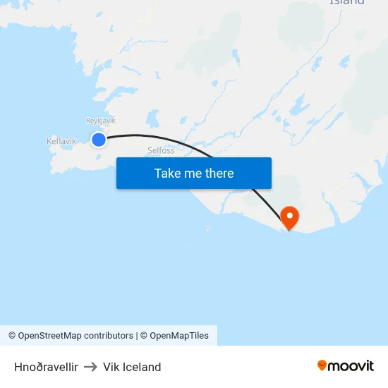 Hnoðravellir to Vik Iceland map
