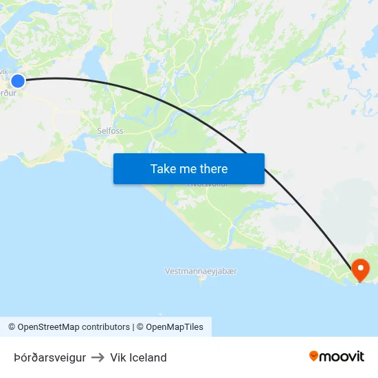 Þórðarsveigur to Vik Iceland map