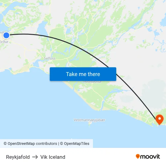 Reykjafold to Vik Iceland map