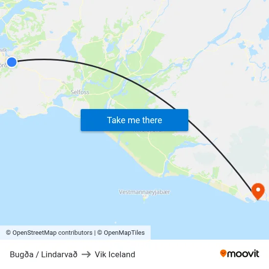 Bugða / Lindarvað to Vik Iceland map