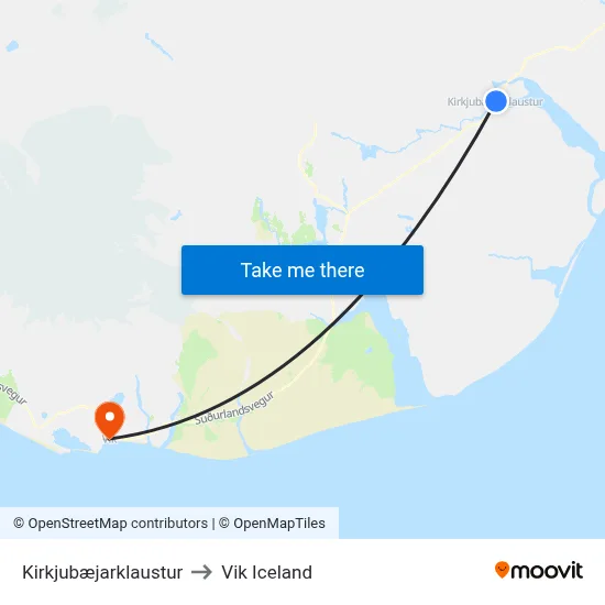 Kirkjubæjarklaustur to Vik Iceland map
