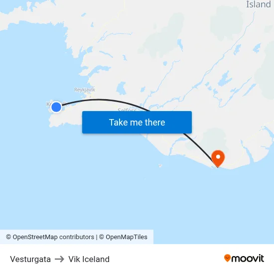 Vesturgata to Vik Iceland map