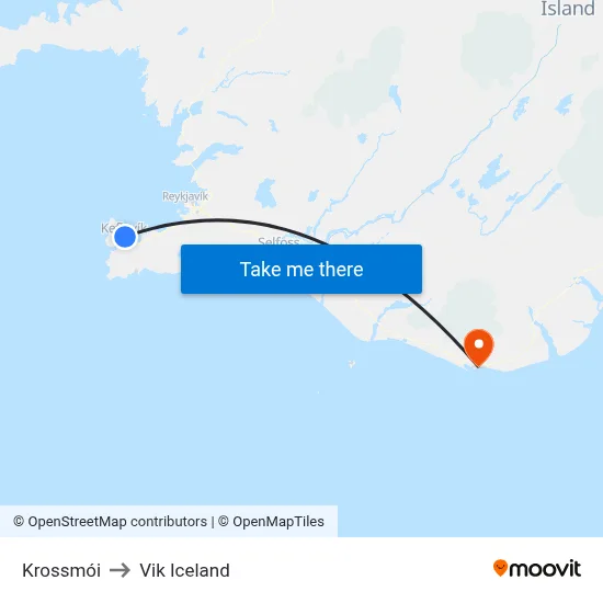 Krossmói to Vik Iceland map