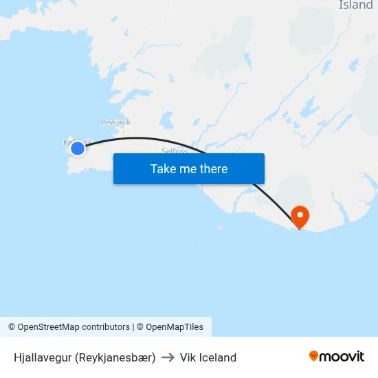 Hjallavegur (Reykjanesbær) to Vik Iceland map