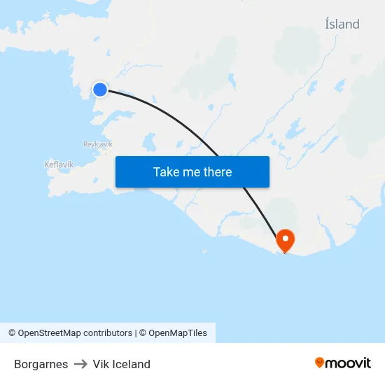 Borgarnes to Vik Iceland map