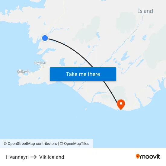 Hvanneyri to Vik Iceland map