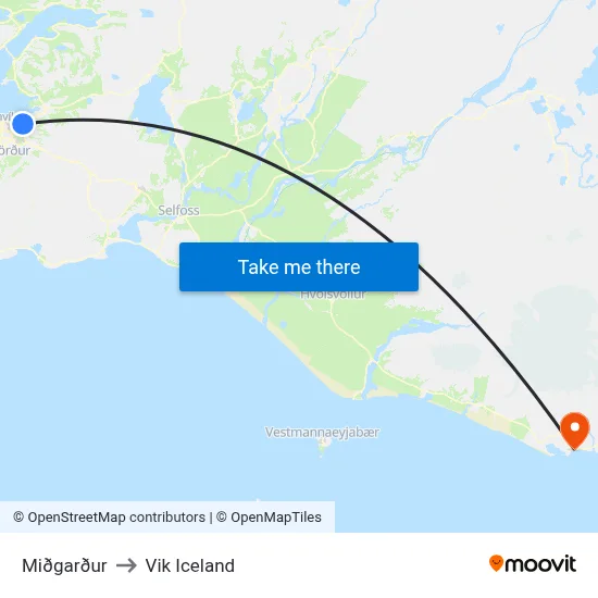 Miðgarður to Vik Iceland map