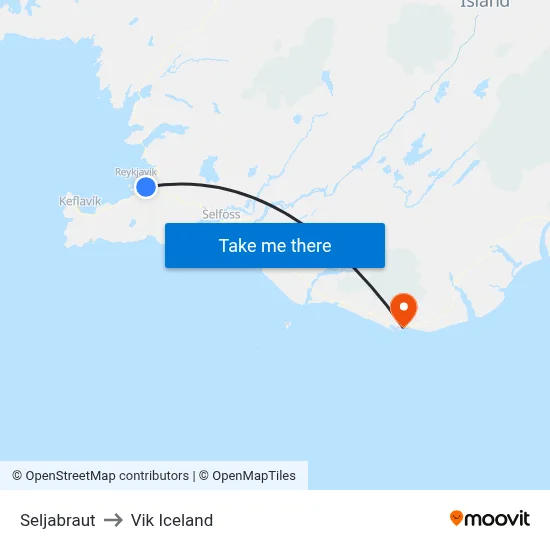 Seljabraut to Vik Iceland map