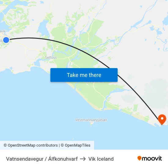 Vatnsendavegur / Álfkonuhvarf to Vik Iceland map