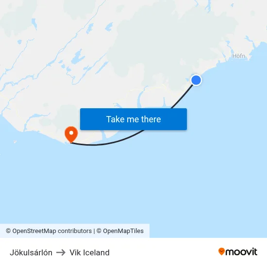 Jökulsárlón to Vik Iceland map