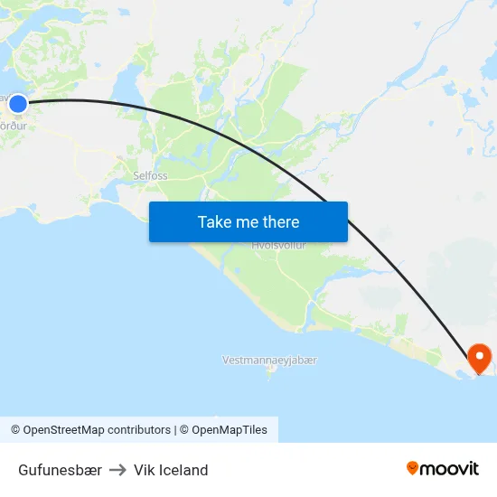 Gufunesbær to Vik Iceland map