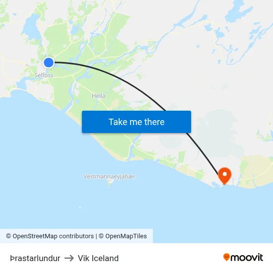 Þrastarlundur to Vik Iceland map