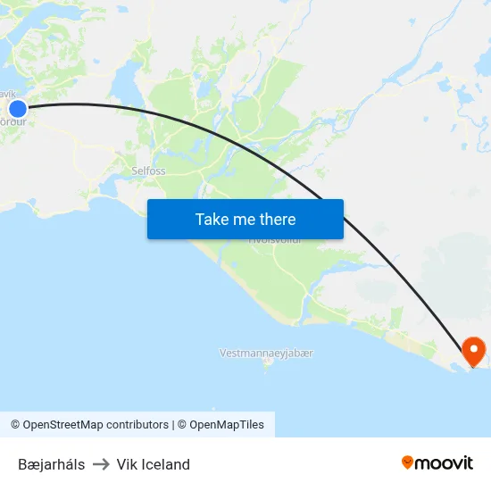 Bæjarháls to Vik Iceland map