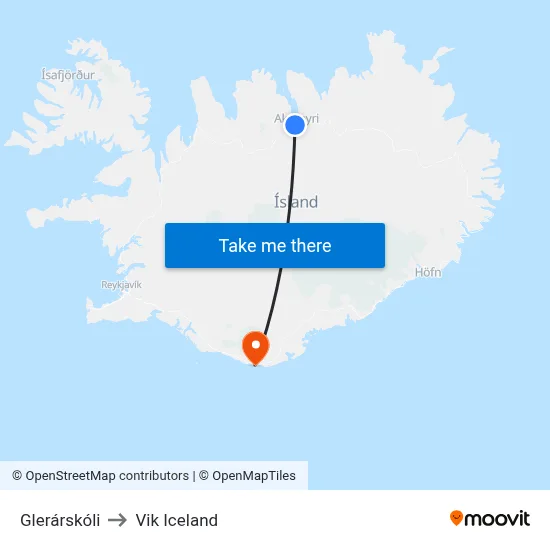 Glerárskóli to Vik Iceland map