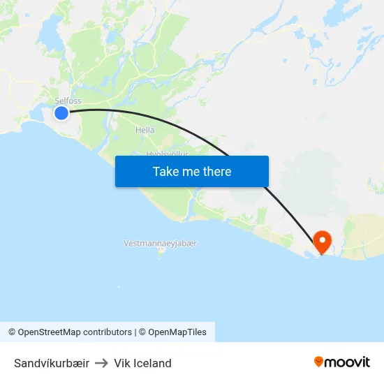 Sandvíkurbæir to Vik Iceland map