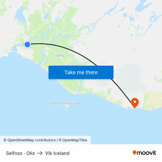 Selfoss - Olís to Vik Iceland map