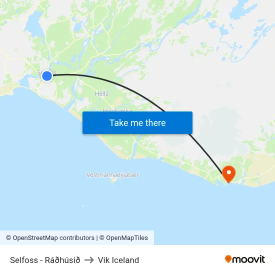 Selfoss - Ráðhúsið to Vik Iceland map