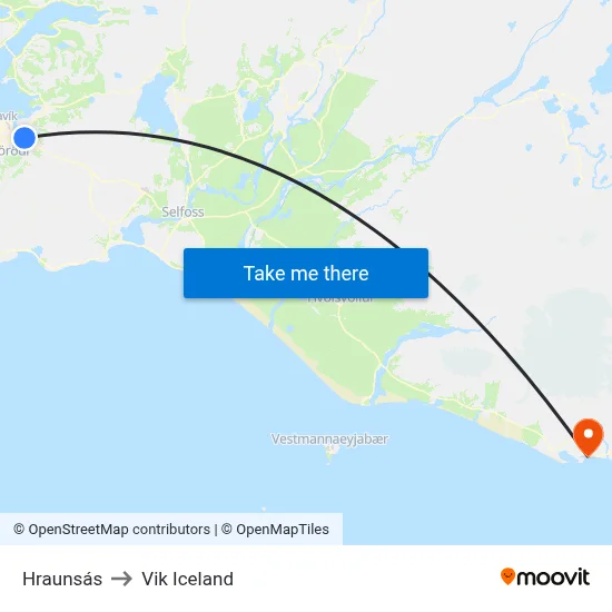 Hraunsás to Vik Iceland map