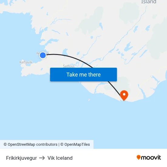 Fríkirkjuvegur to Vik Iceland map