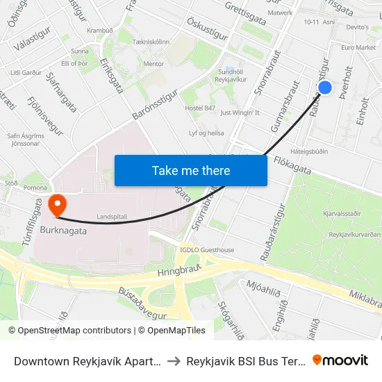 Downtown Reykjavík Apartments to Reykjavik BSI Bus Terminal map