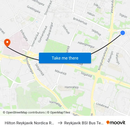 Hilton Reykjavik Nordica Reykjavík to Reykjavik BSI Bus Terminal map