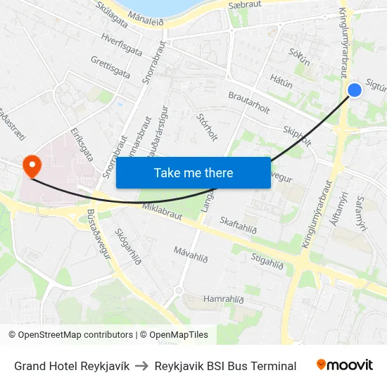 Grand Hotel Reykjavík to Reykjavik BSI Bus Terminal map