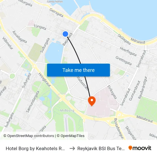Hotel Borg by Keahotels Reykjavík to Reykjavik BSI Bus Terminal map
