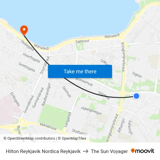 Hilton Reykjavik Nordica Reykjavík to The Sun Voyager map