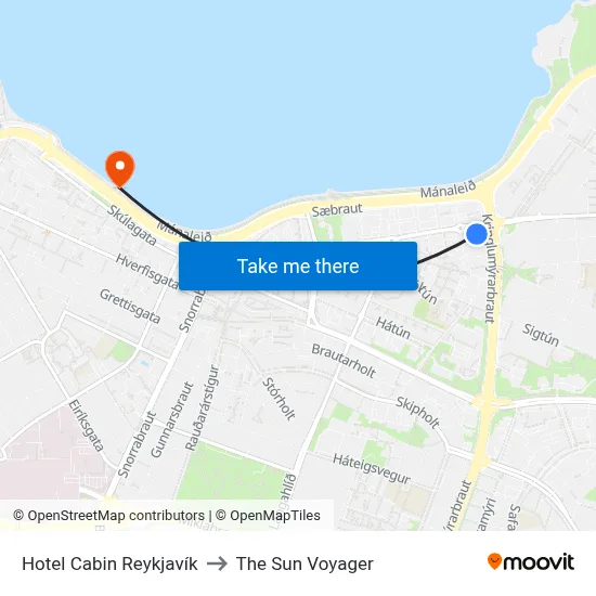 Hotel Cabin Reykjavík to The Sun Voyager map