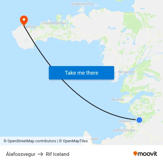 Álafossvegur to Rif Iceland map