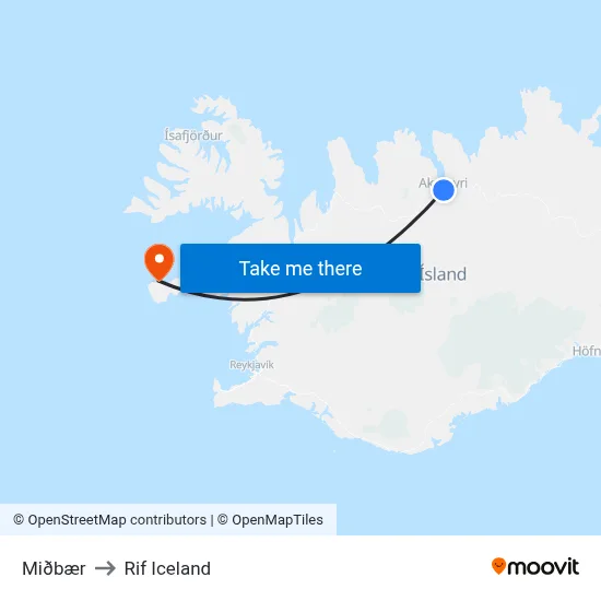 Miðbær to Rif Iceland map