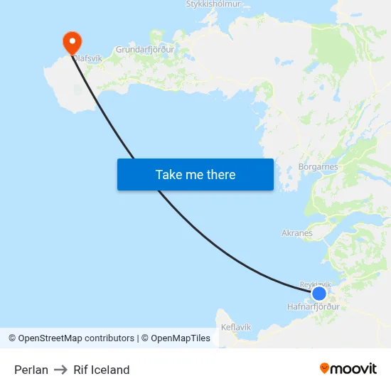 Perlan to Rif Iceland map