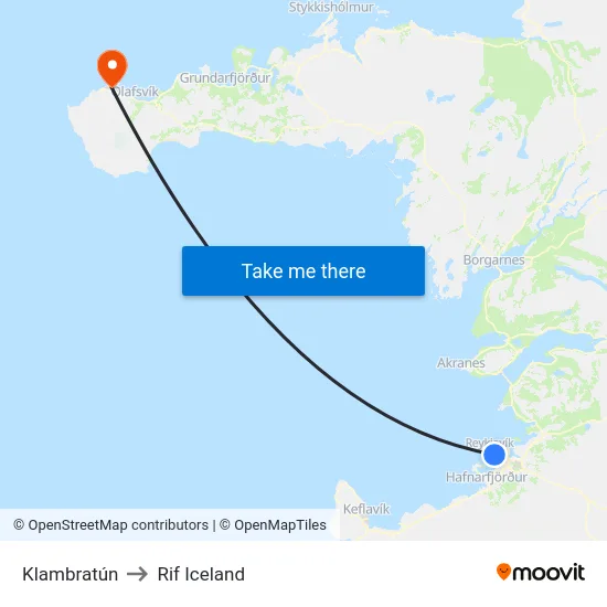Klambratún to Rif Iceland map