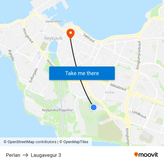 Perlan to Laugavegur 3 map