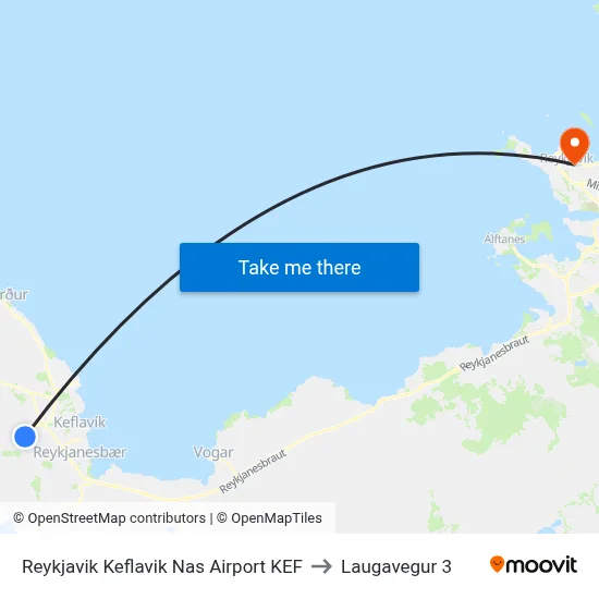 Reykjavik Keflavik Nas Airport KEF to Laugavegur 3 map