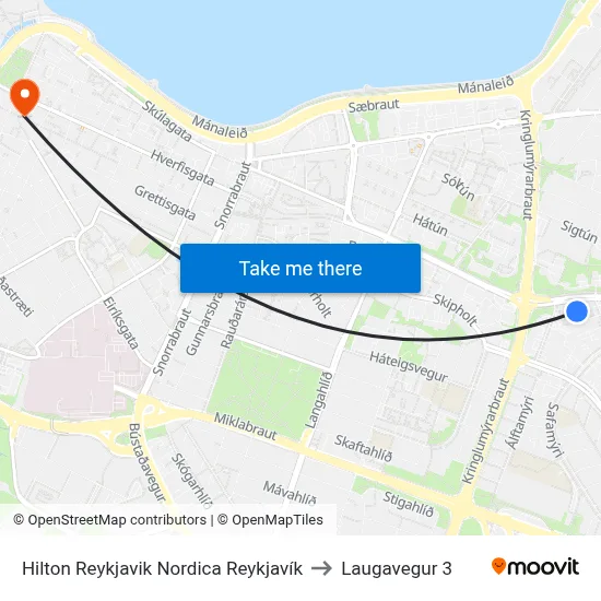 Hilton Reykjavik Nordica Reykjavík to Laugavegur 3 map