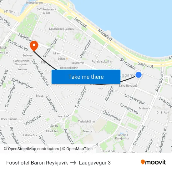 Fosshotel Baron Reykjavík to Laugavegur 3 map