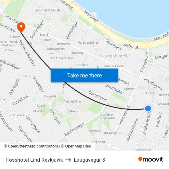 Fosshotel Lind Reykjavík to Laugavegur 3 map