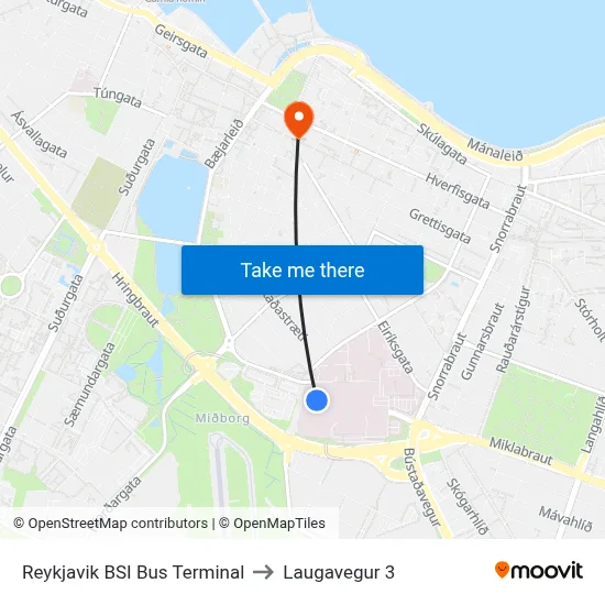Reykjavik BSI Bus Terminal to Laugavegur 3 map