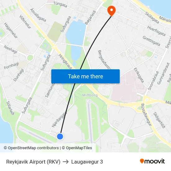 Reykjavik Airport (RKV) to Laugavegur 3 map