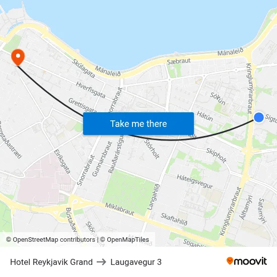 Hotel Reykjavik Grand to Laugavegur 3 map