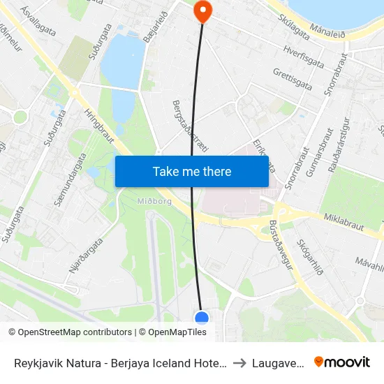 Reykjavik Natura - Berjaya Iceland Hotels, Reykjavík to Laugavegur 3 map