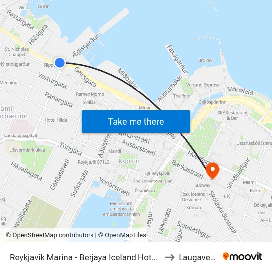 Reykjavik Marina - Berjaya Iceland Hotels, Reykjavík to Laugavegur 3 map