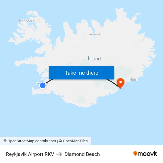 Reykjavik Airport RKV to Diamond Beach map