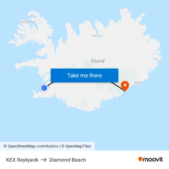 KEX Reykjavík to Diamond Beach map