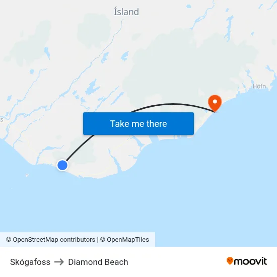 Skógafoss to Diamond Beach map