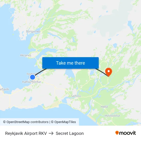 Reykjavik Airport RKV to Secret Lagoon map