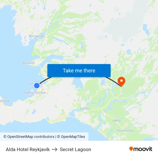 Alda Hotel Reykjavík to Secret Lagoon map