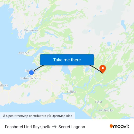Fosshotel Lind Reykjavík to Secret Lagoon map