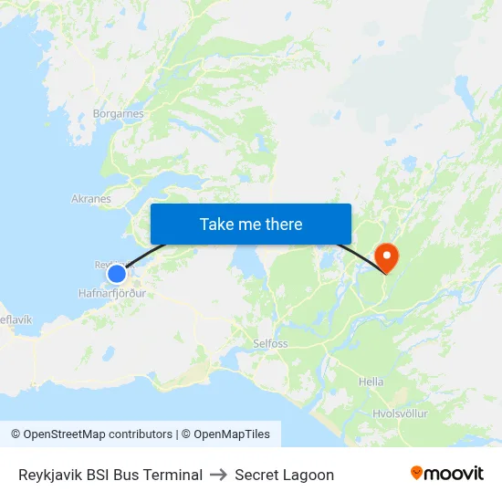 Reykjavik BSI Bus Terminal to Secret Lagoon map
